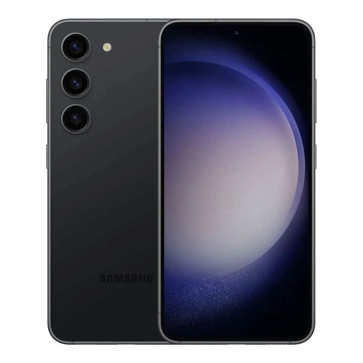 Front — Galaxy S23 · 128 GB · Phantom Black. Manufacturer image of the model; not a photograph of the unit on offer.