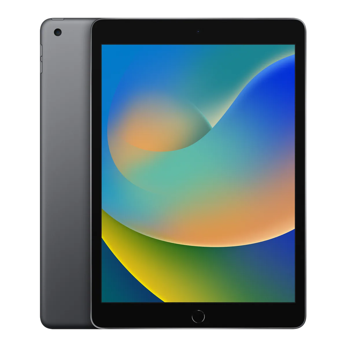 Front — iPad (9th generation) · 64 GB · Space Grey. Manufacturer image of the model; not a photograph of the unit on offer.