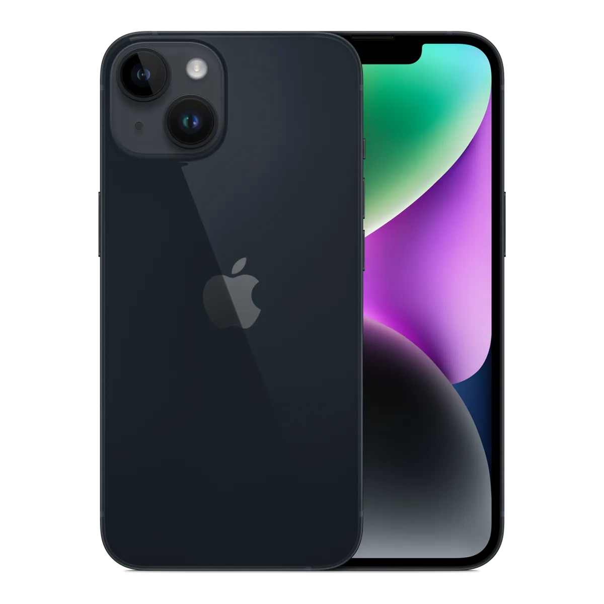 Front — iPhone 14 · 128 GB · Midnight. Manufacturer image of the model; not a photograph of the unit on offer.
