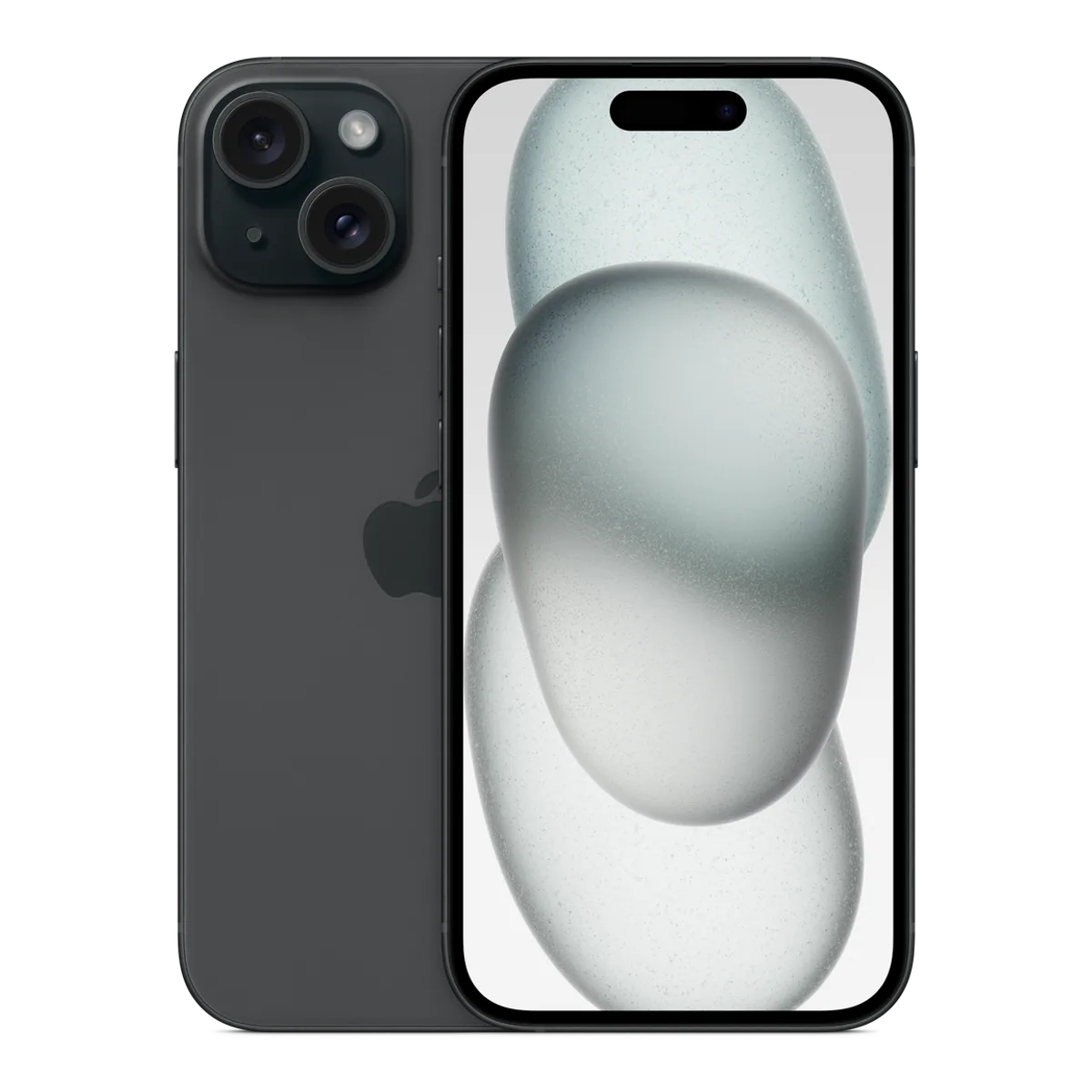 Front — iPhone 15 · 128 GB · Black. Manufacturer image of the model; not a photograph of the unit on offer.